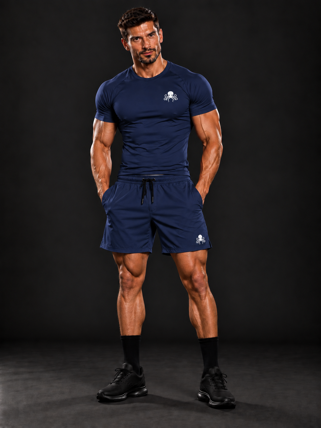 Ensemble SSS Power homme bleu marine – t-shirt de compression et short assortis, vue de face