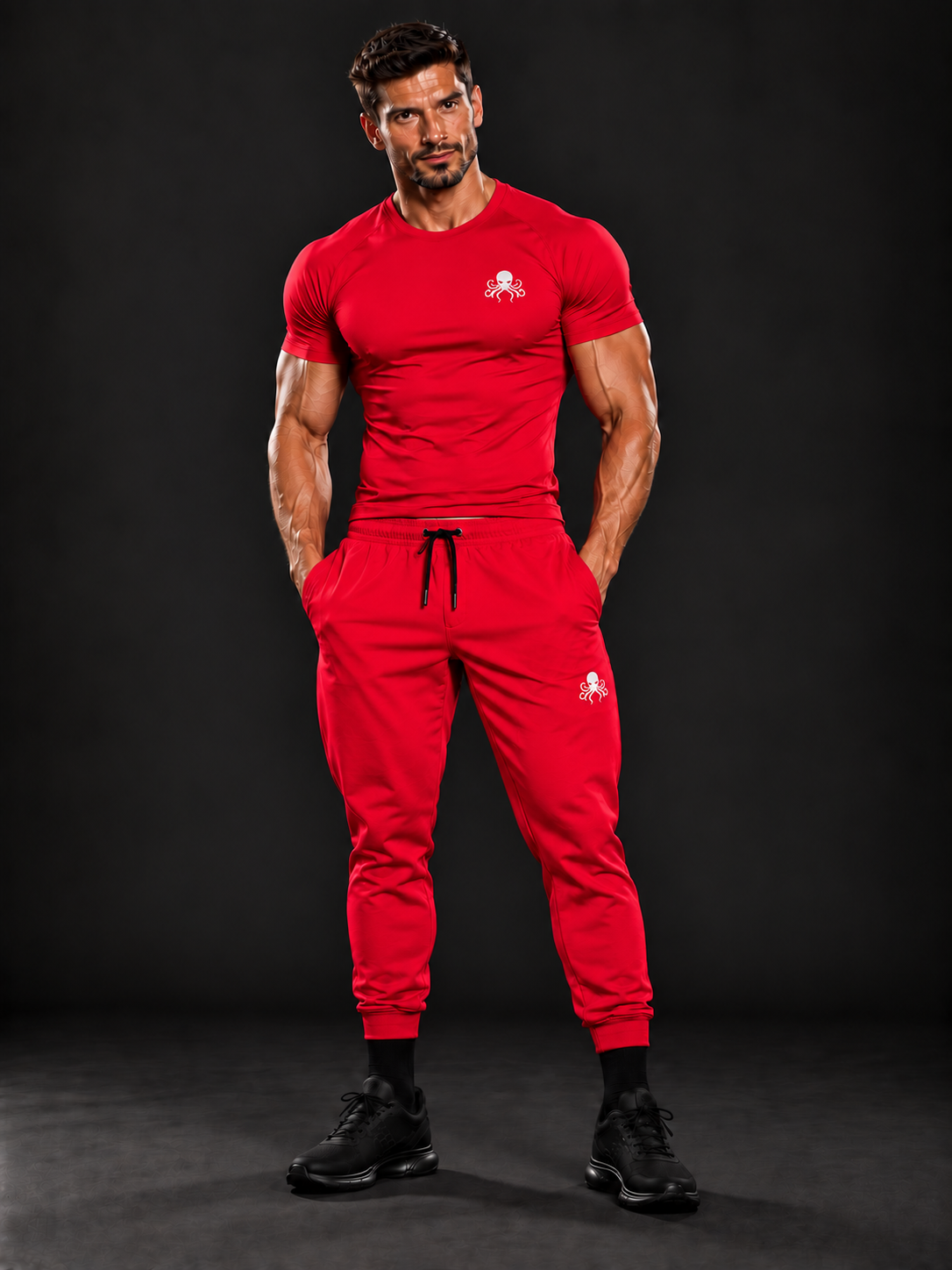 Ensemble SSS Power homme rouge – t-shirt de compression et jogging assortis, vue de face