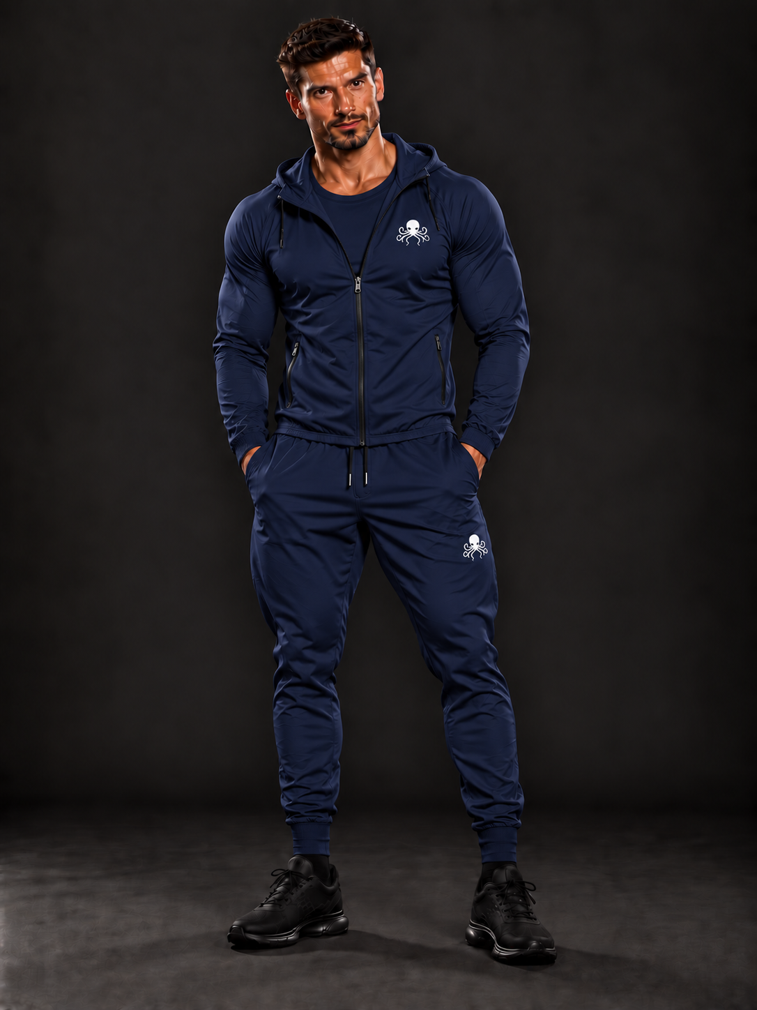 Veste zippée à capuche SSS Power homme bleu marine, portée avec t-shirt de compression et jogging assortis, vue de face