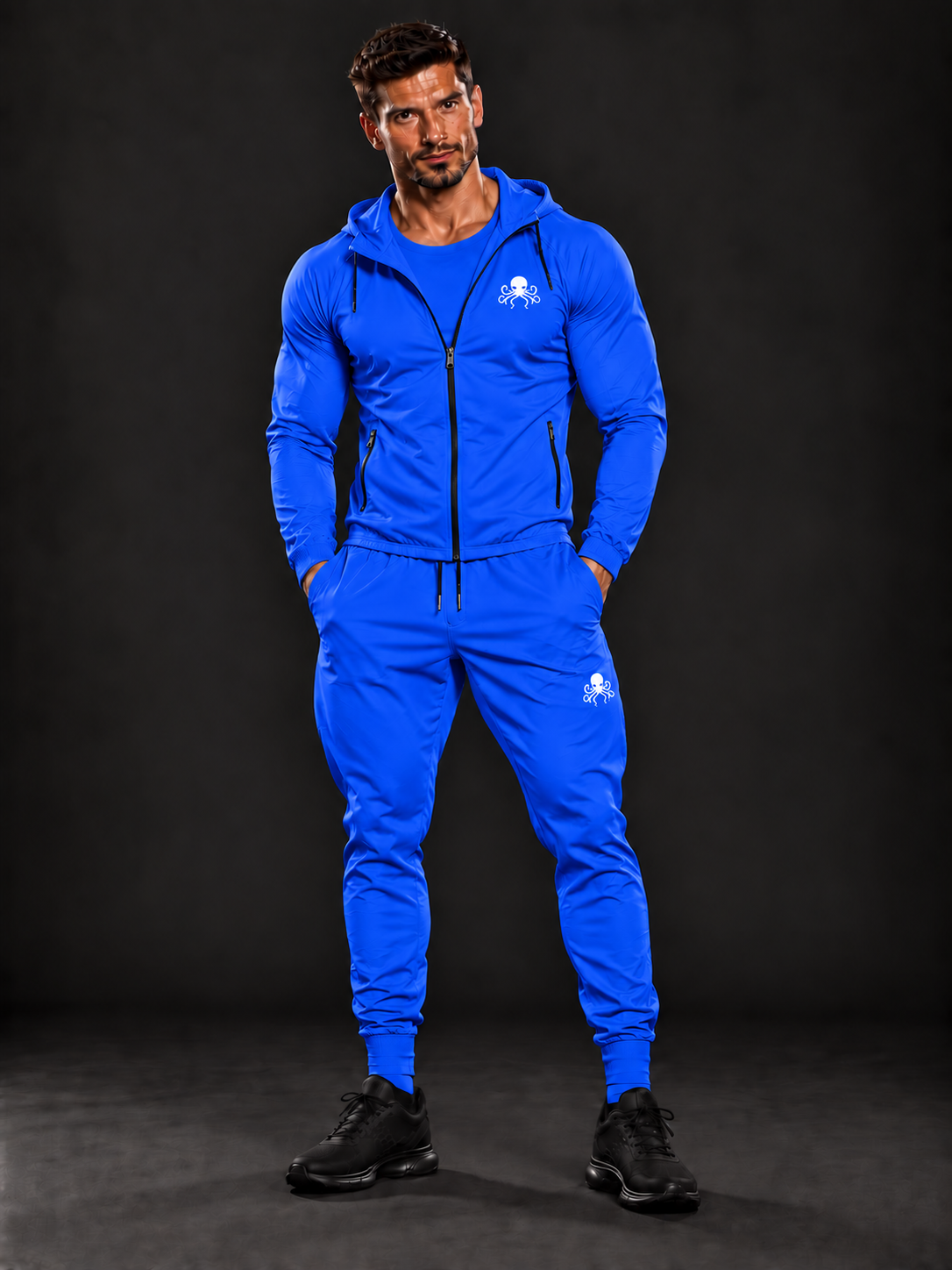 Veste zippée à capuche SSS Power homme bleu roi, portée avec t-shirt de compression et jogging assortis, vue de face